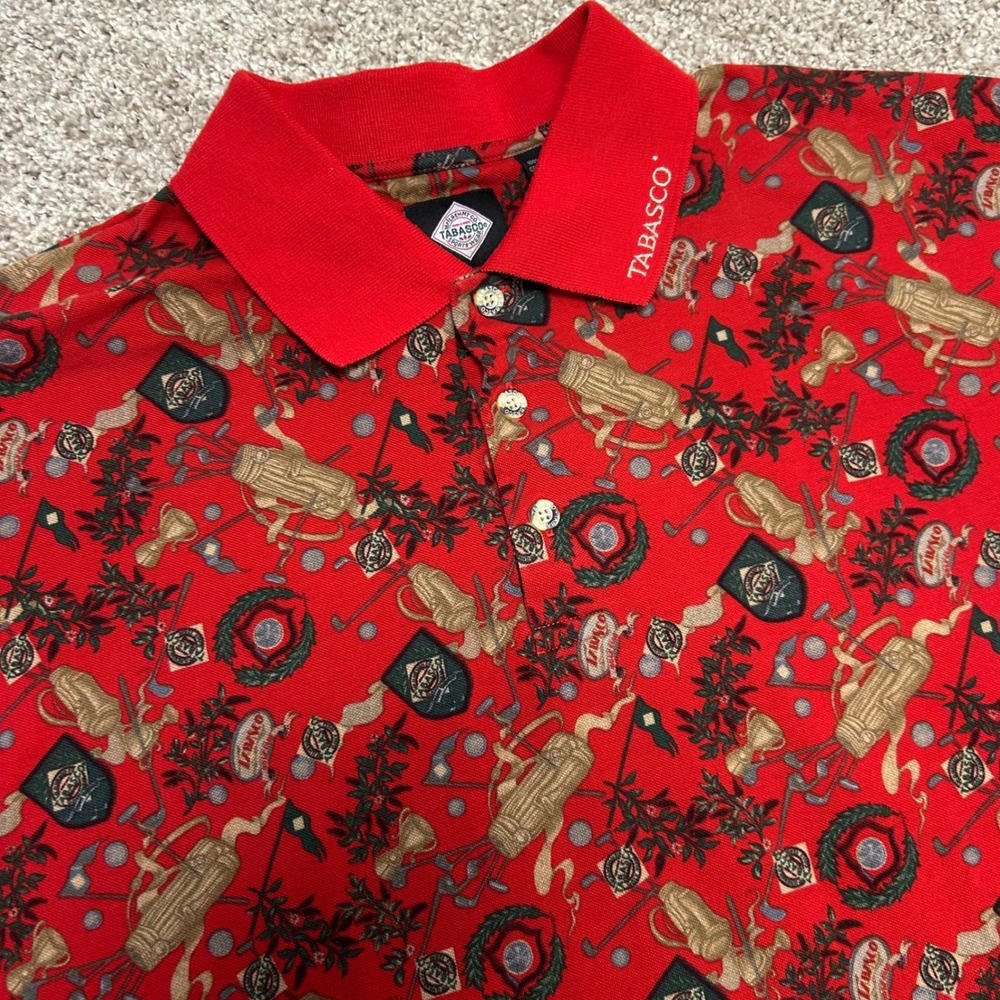 Vintage Tabasco Golf Polo Shirt‎ Men Size XXL All Over Print Clubs Golf Bag